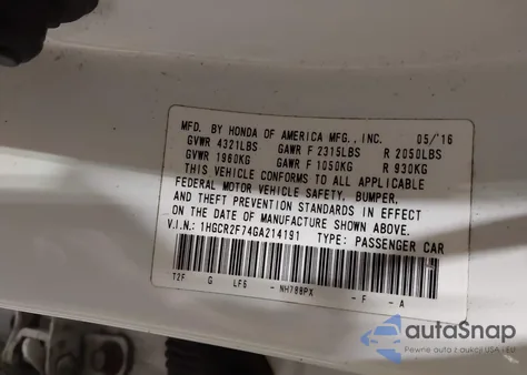 2016 Honda Accord Ex из США, поврежденный, VIN 1HGCR2F74GA214191